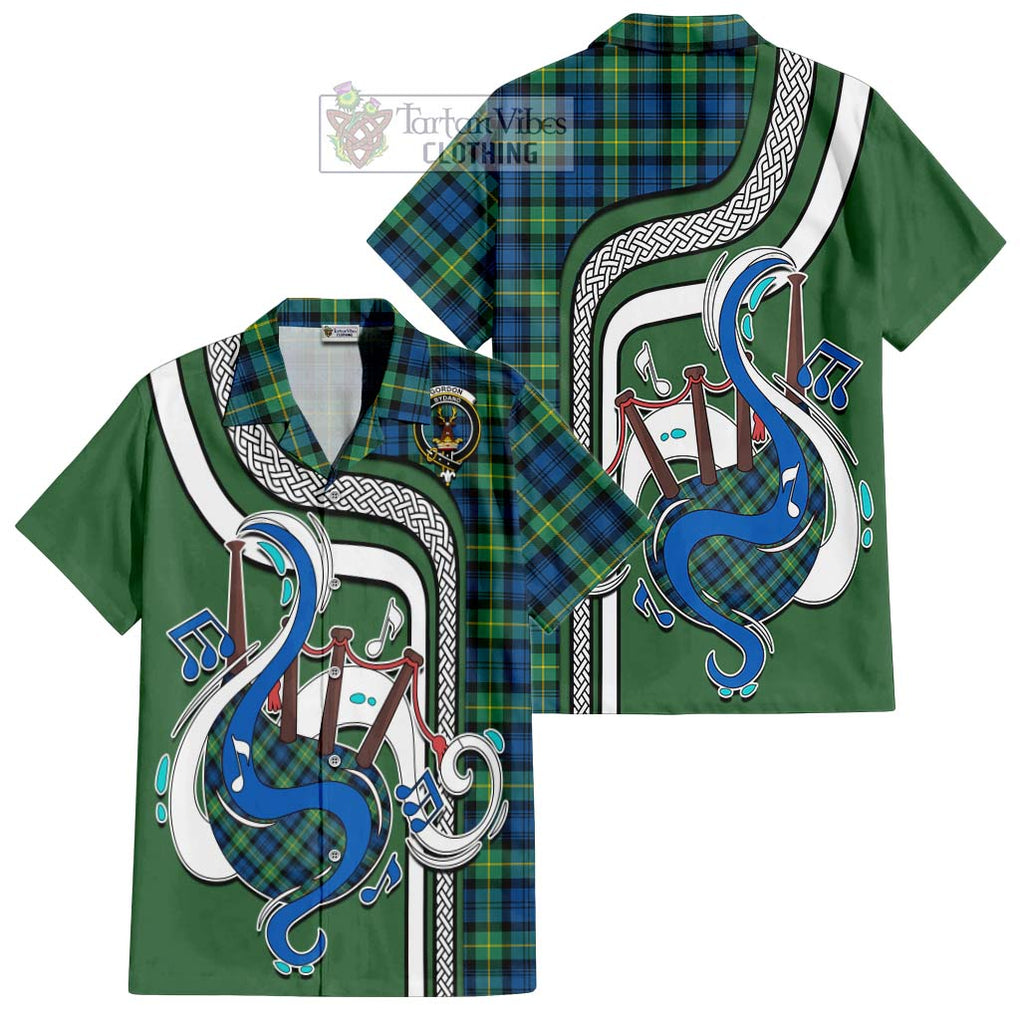 Gordon Ancient Tartan Short Sleeve Button Shirt with Epic Bagpipe Style Kid - Tartanvibesclothing Shop