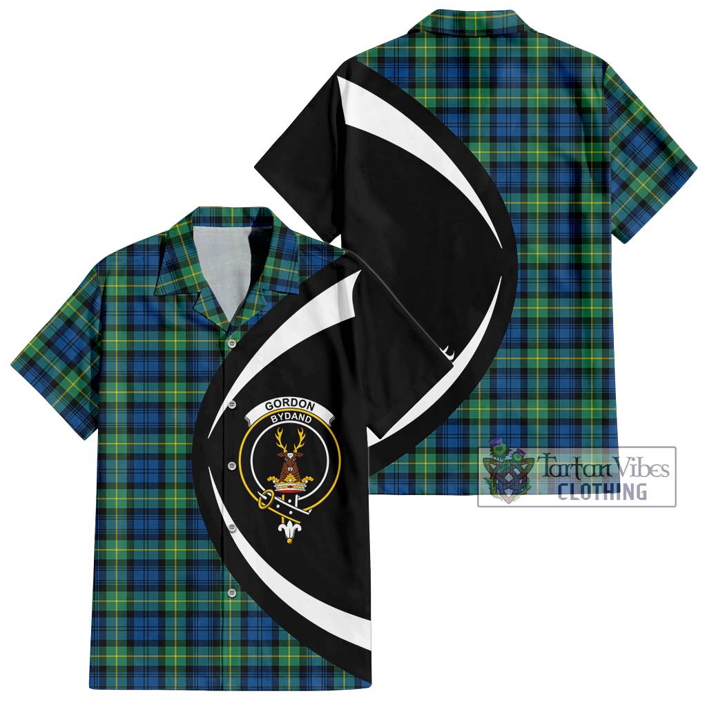 Gordon Ancient Tartan Short Sleeve Button Up with Family Crest Circle Style Kid - Tartan Vibes Clothing