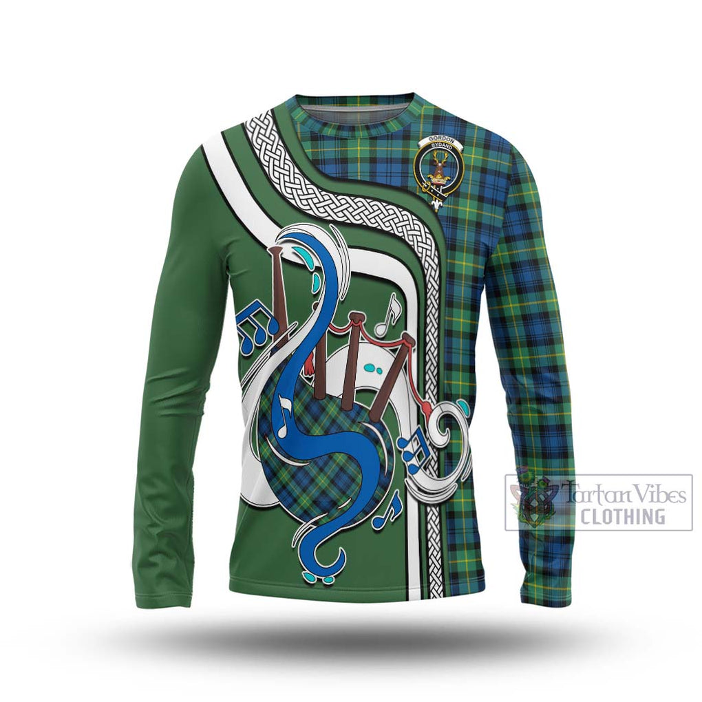 Tartan Vibes Clothing Gordon Ancient Tartan Long Sleeve T-Shirt with Epic Bagpipe Style