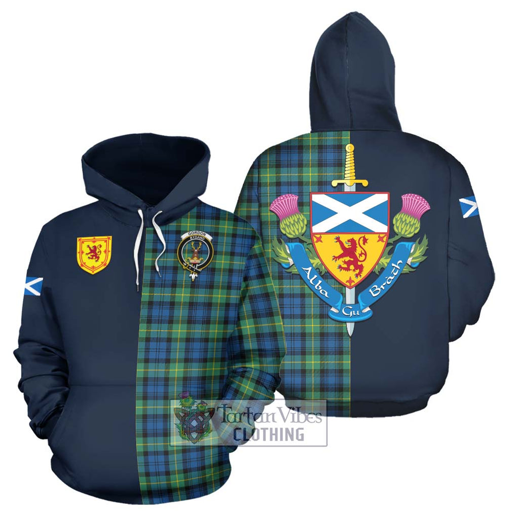 Tartan Vibes Clothing Gordon Ancient Tartan Hoodie with Scottish Lion Royal Arm Half Style