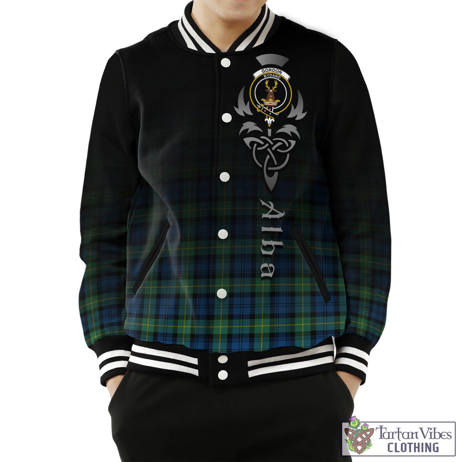 Tartan Vibes Clothing Gordon Ancient Tartan Baseball Jacket Featuring Alba Gu Brath Family Crest Celtic Inspired