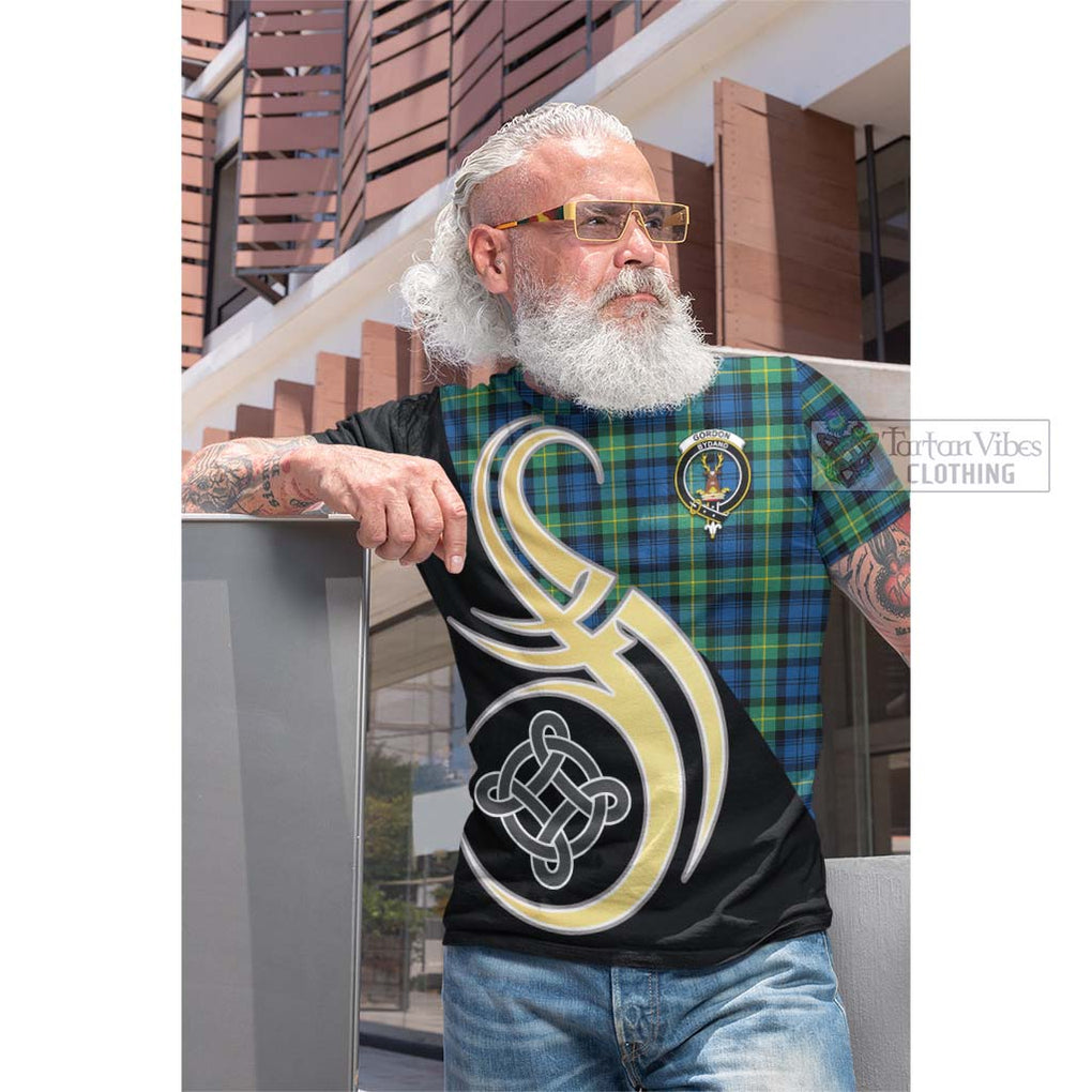 Tartan Vibes Clothing Gordon Ancient Tartan Cotton T-shirt with Family Crest and Celtic Symbol Style