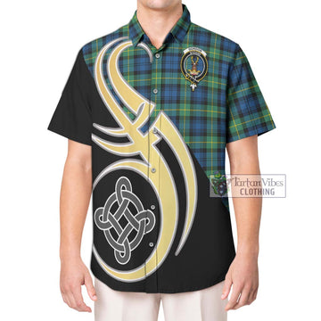 Gordon Ancient Tartan Short Sleeve Button Shirt with Family Crest and Celtic Symbol Style