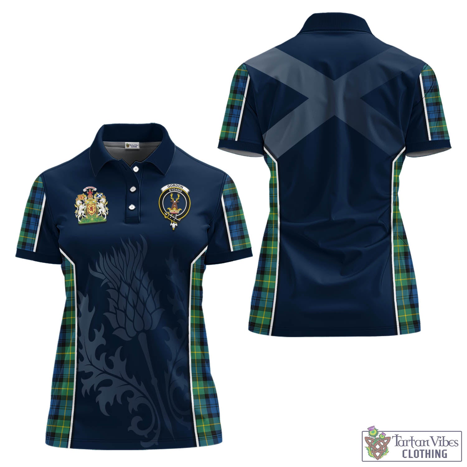 Tartan Vibes Clothing Gordon Ancient Tartan Women's Polo Shirt with Family Crest and Scottish Thistle Vibes Sport Style