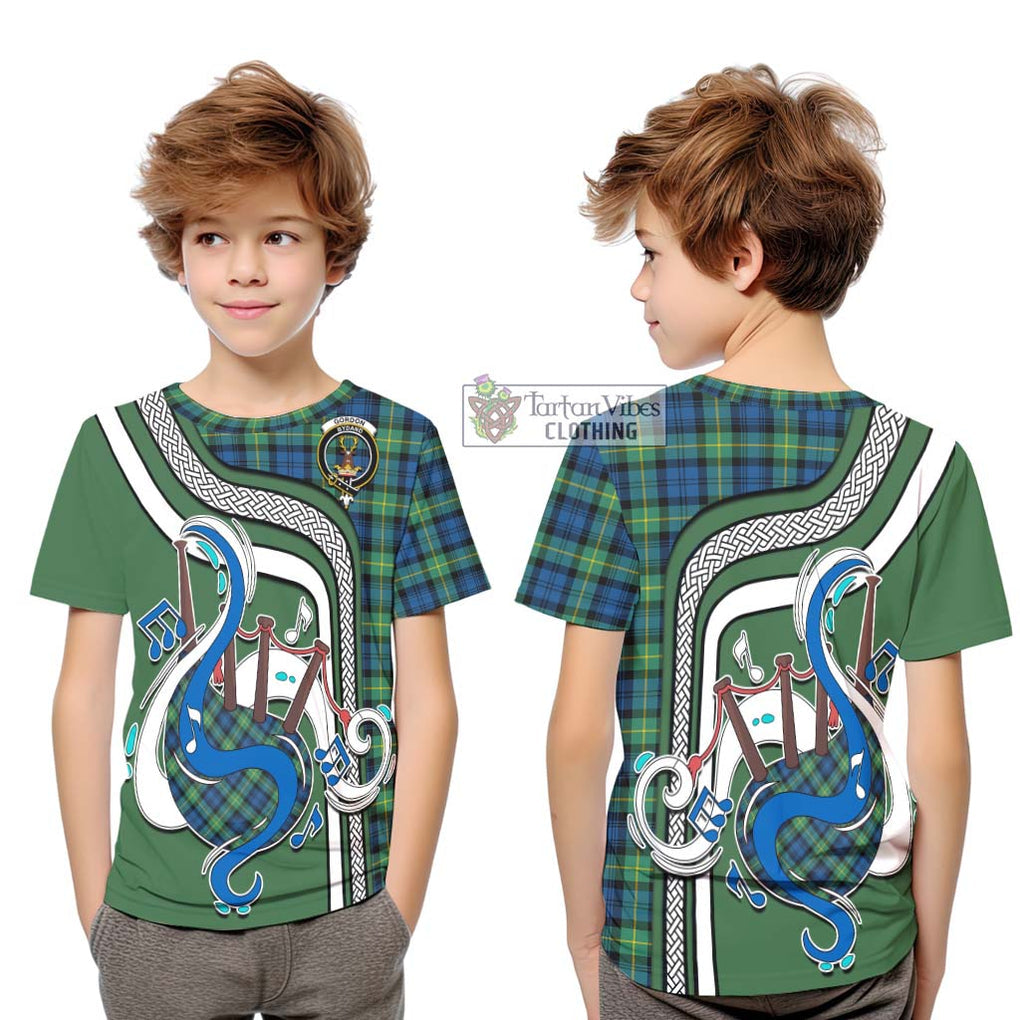 Tartan Vibes Clothing Gordon Ancient Tartan Kid T-Shirt with Epic Bagpipe Style