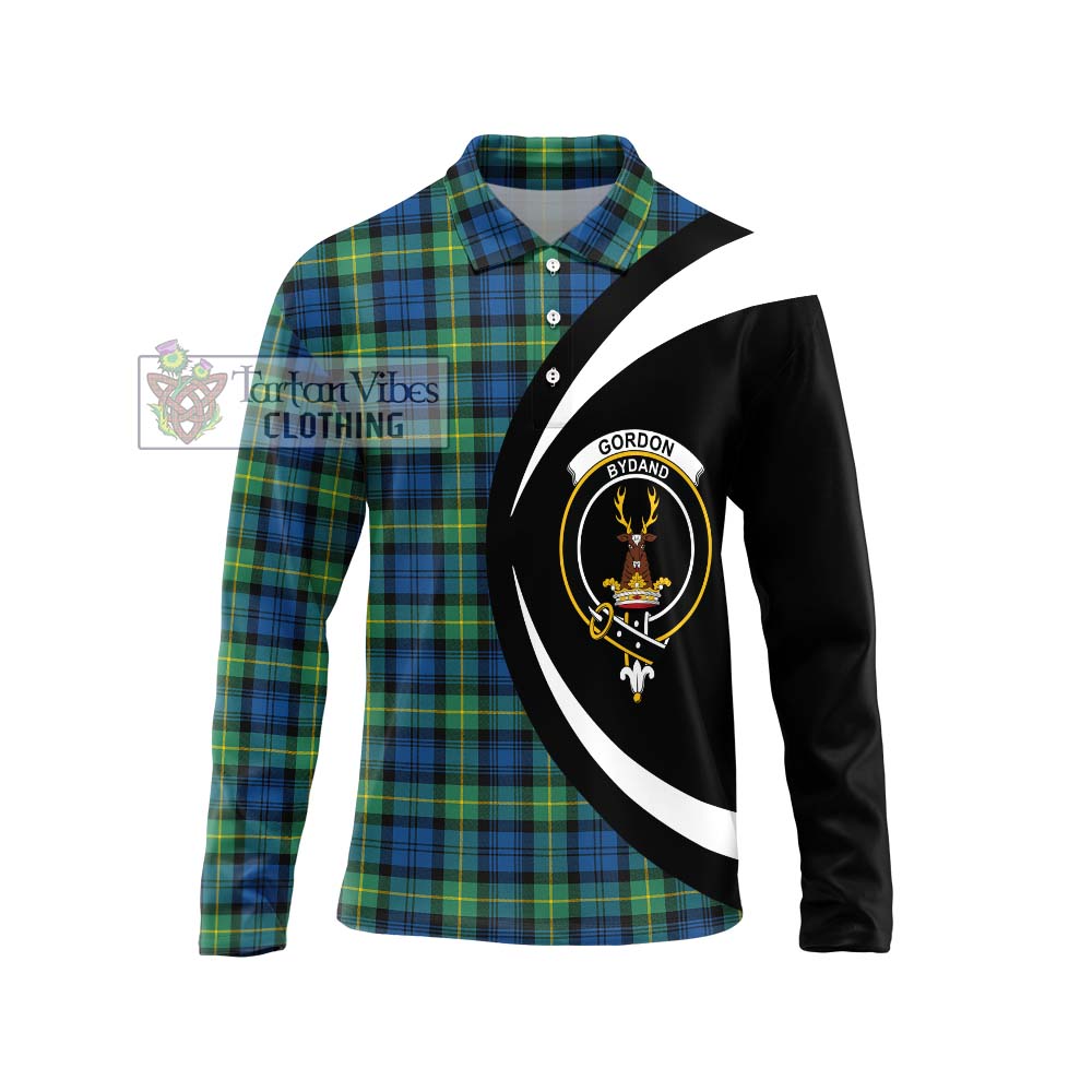 Gordon Ancient Tartan Long Sleeve Polo Shirt with Family Crest Circle Style Unisex - Tartan Vibes Clothing