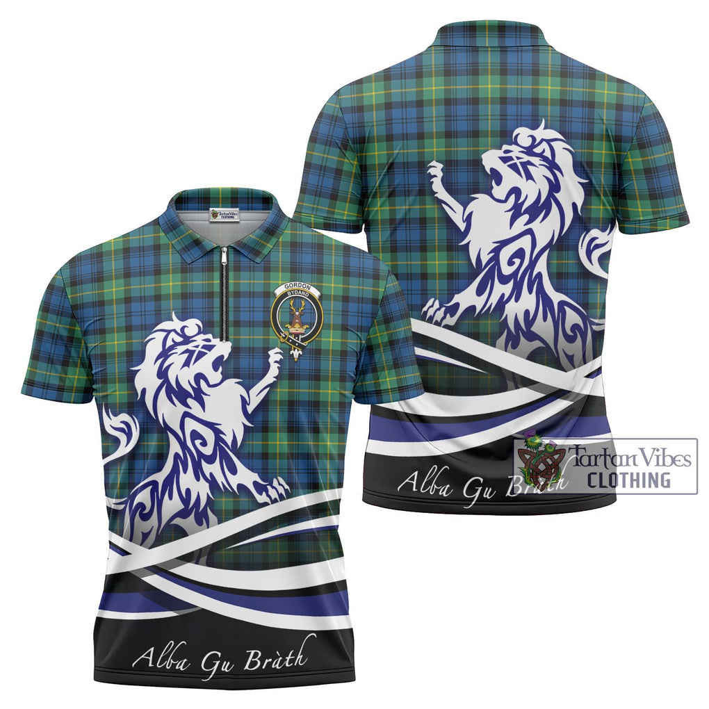 Gordon Ancient Tartan Zipper Polo Shirt with Alba Gu Brath Regal Lion Emblem Unisex - Tartanvibesclothing Shop