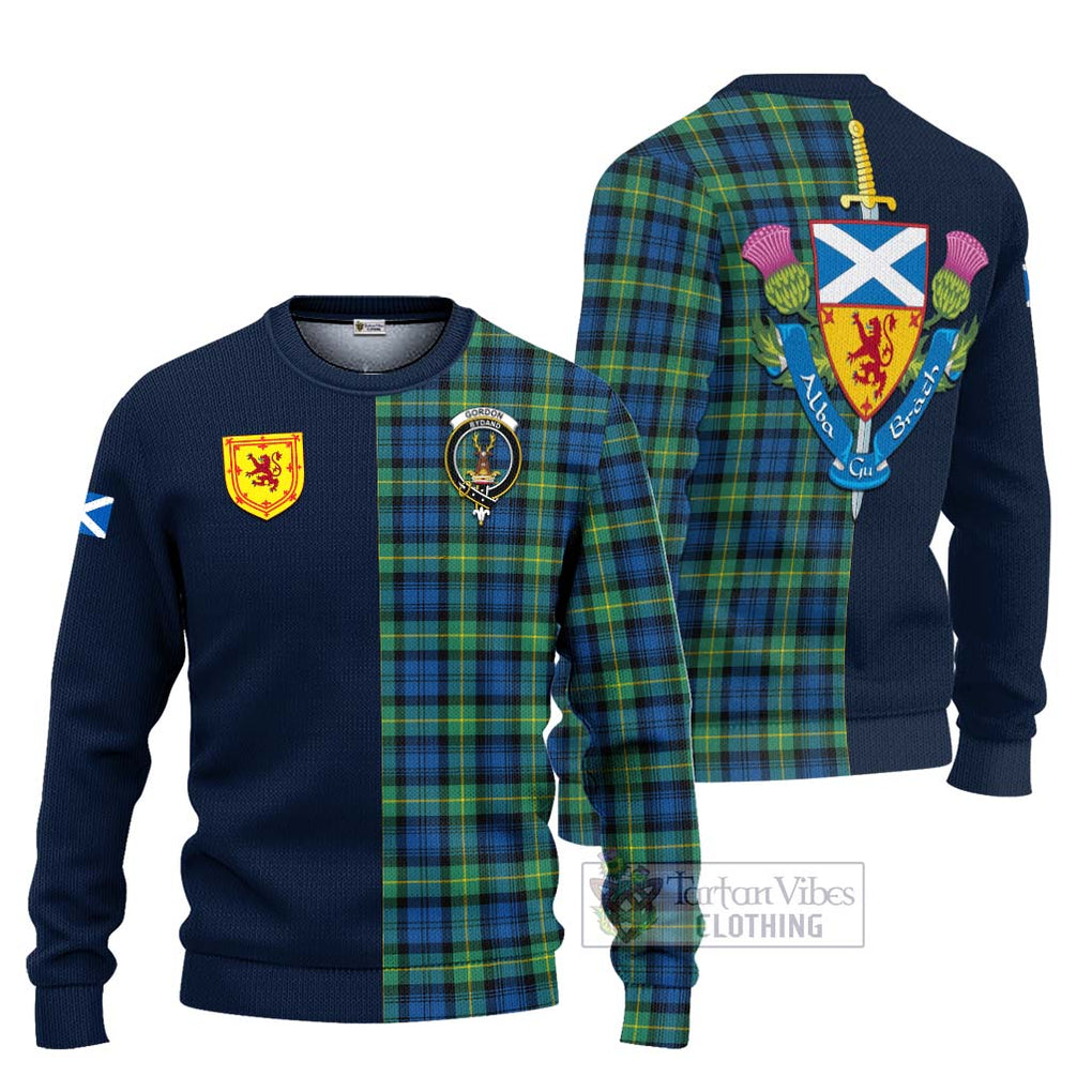 Tartan Vibes Clothing Gordon Ancient Tartan Knitted Sweater with Scottish Lion Royal Arm Half Style