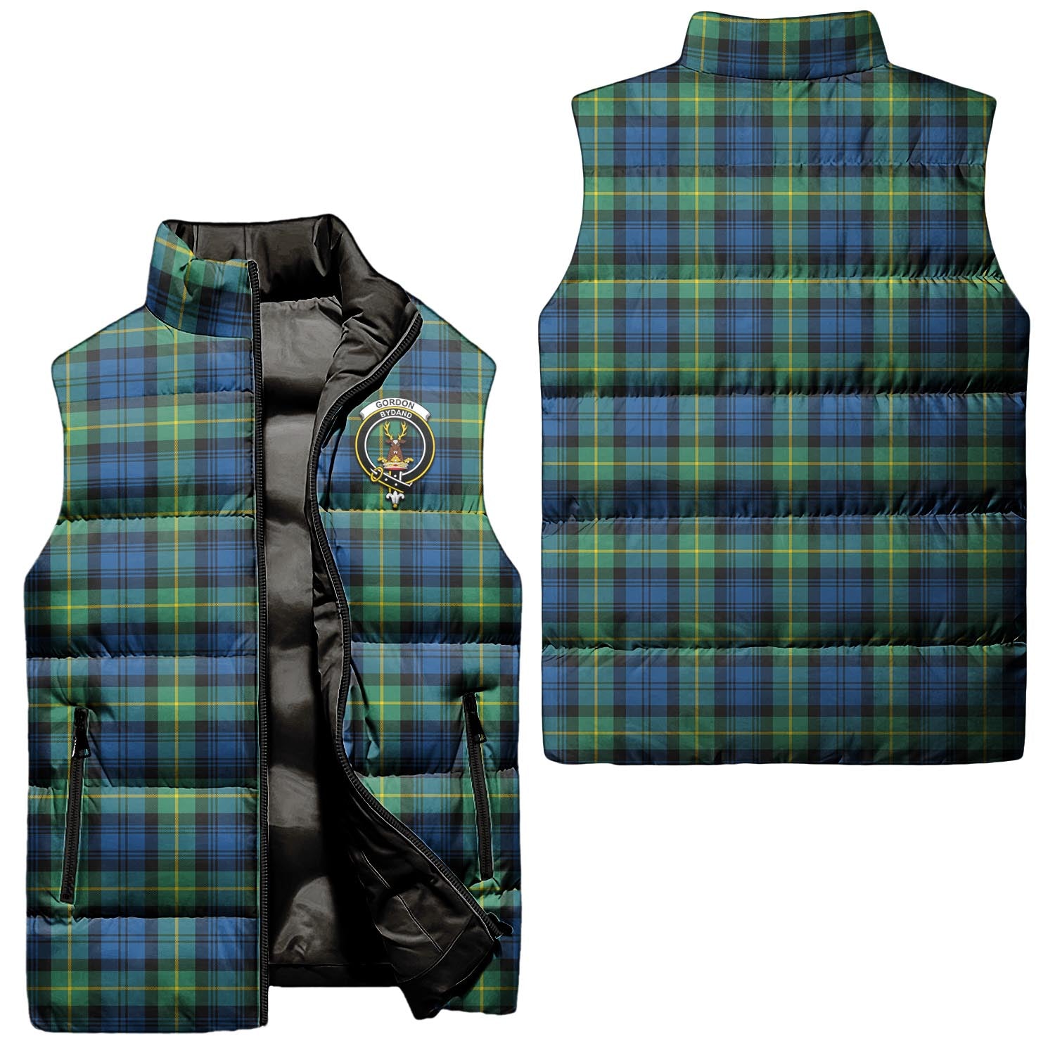 Gordon Ancient Tartan Sleeveless Puffer Jacket with Family Crest Unisex - Tartanvibesclothing