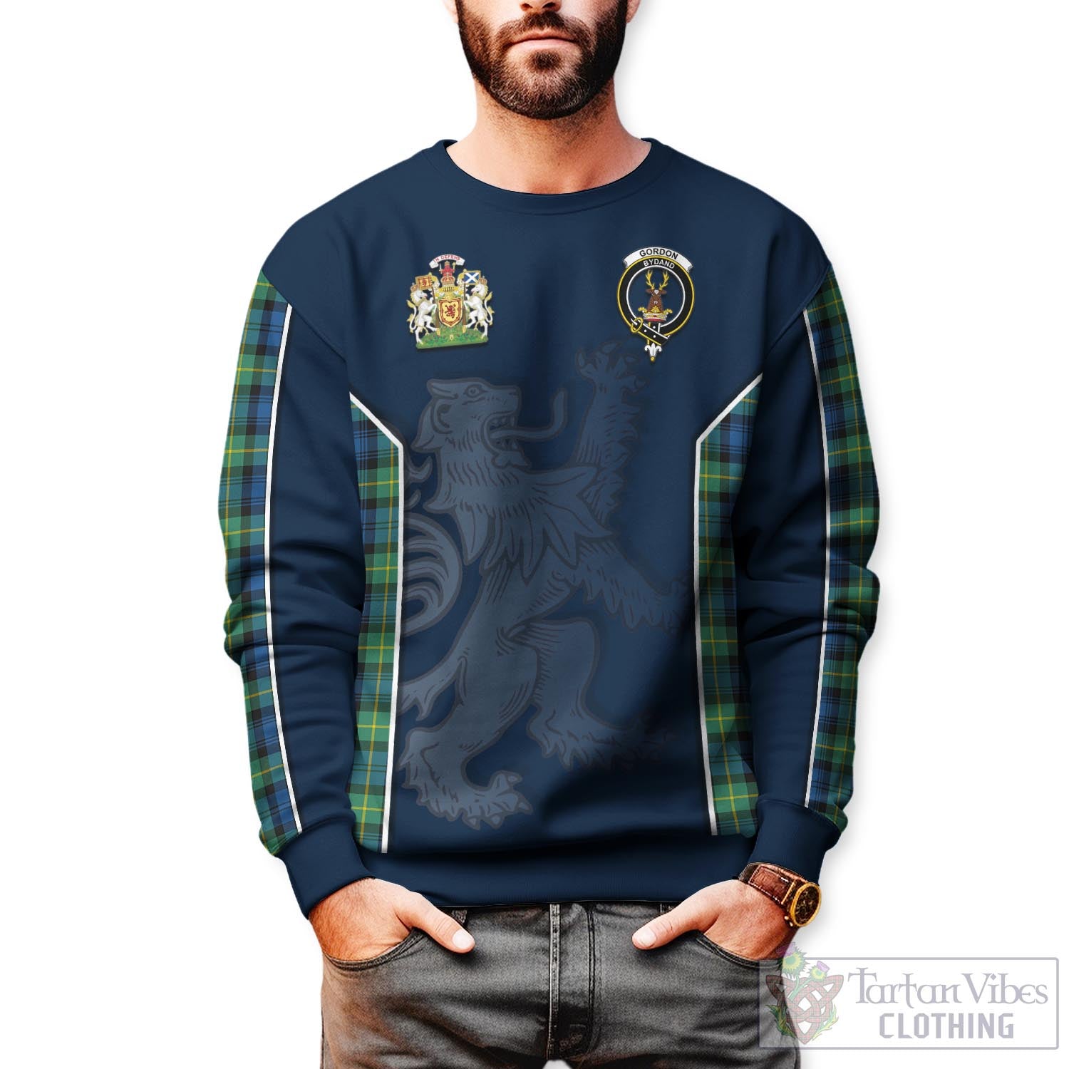 Tartan Vibes Clothing Gordon Ancient Tartan Sweater with Family Crest and Lion Rampant Vibes Sport Style