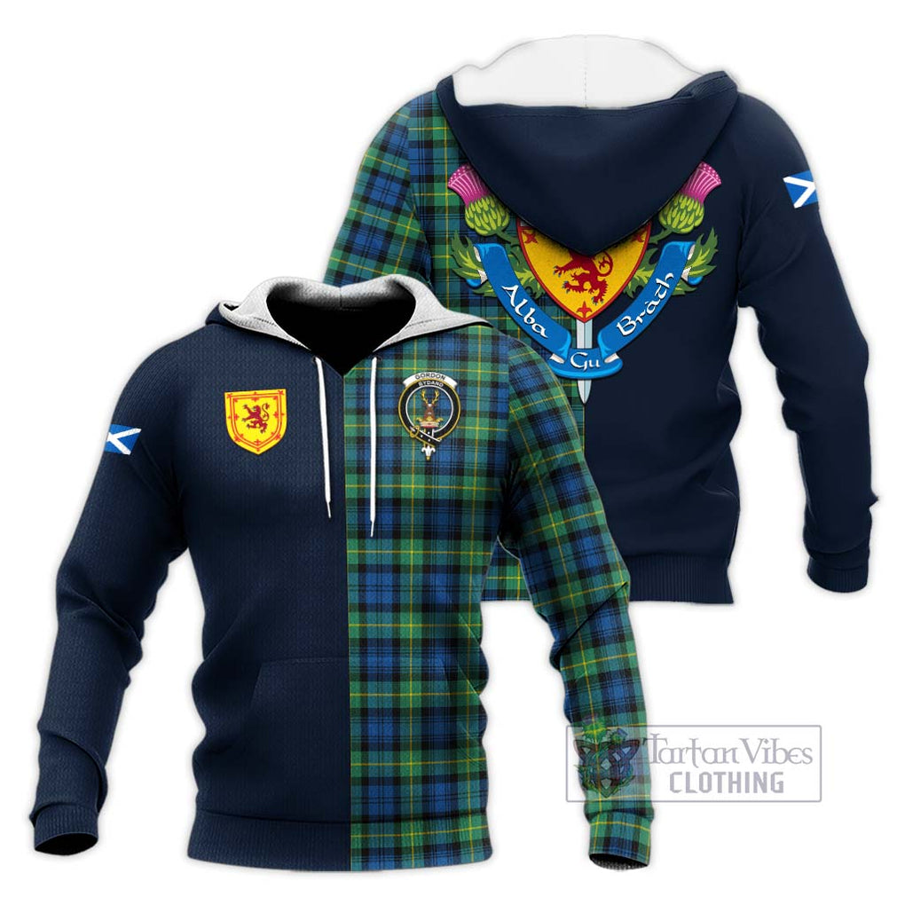 Tartan Vibes Clothing Gordon Ancient Tartan Knitted Hoodie with Scottish Lion Royal Arm Half Style