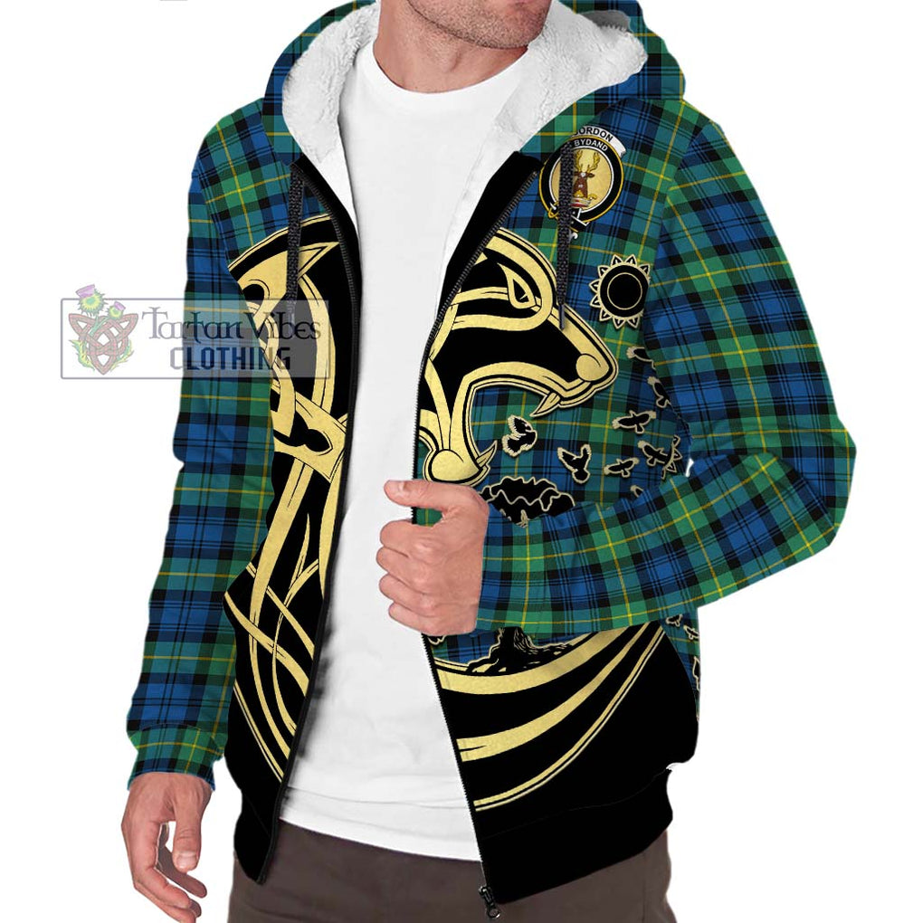 Gordon Ancient Tartan Sherpa Hoodie with Family Crest Celtic Wolf Style Unisex S - Tartan Vibes Clothing