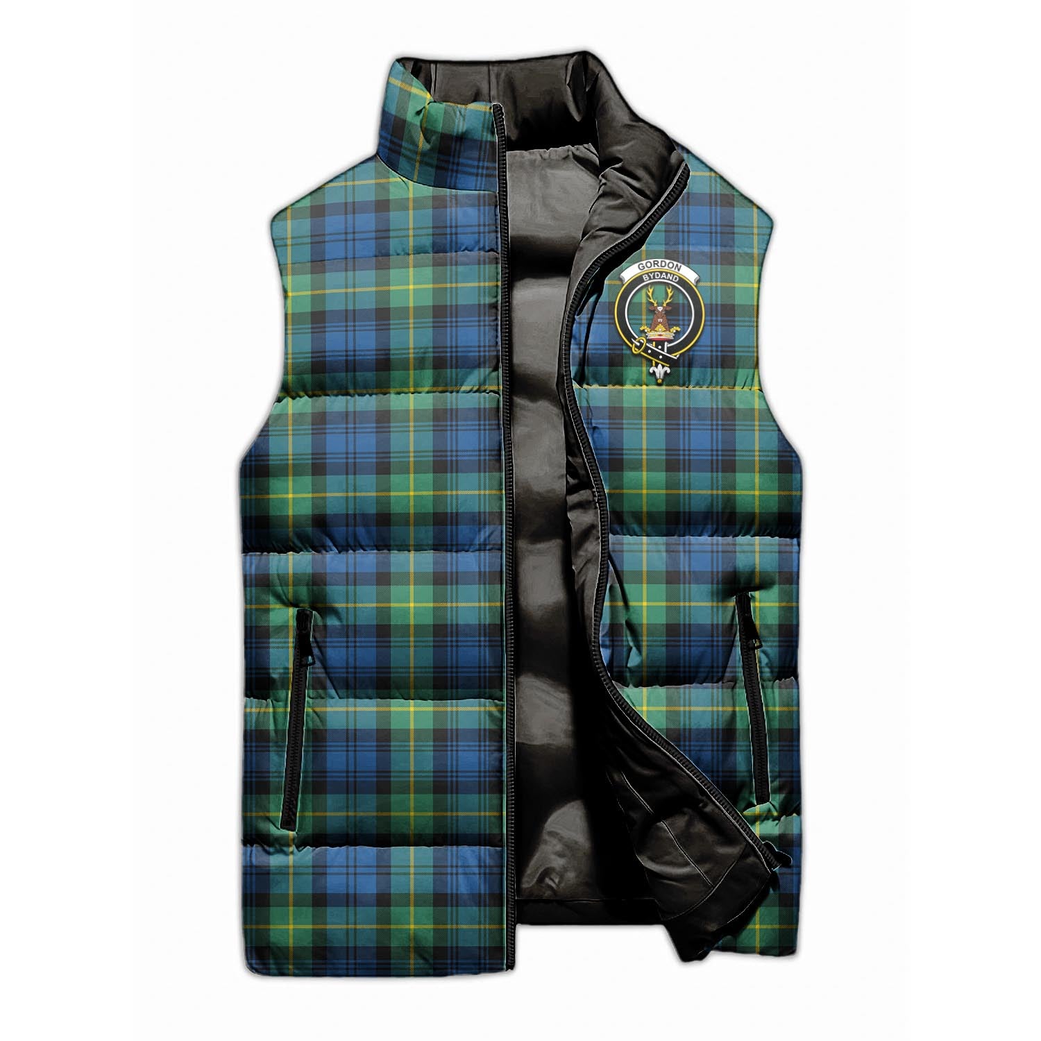 Gordon Ancient Tartan Sleeveless Puffer Jacket with Family Crest - Tartanvibesclothing