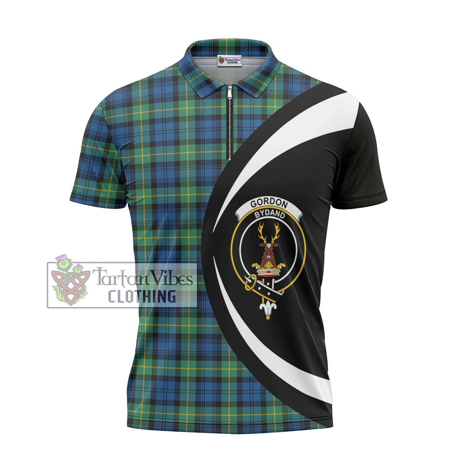 Tartan Vibes Clothing Gordon Ancient Tartan Zipper Polo Shirt with Family Crest Circle Style