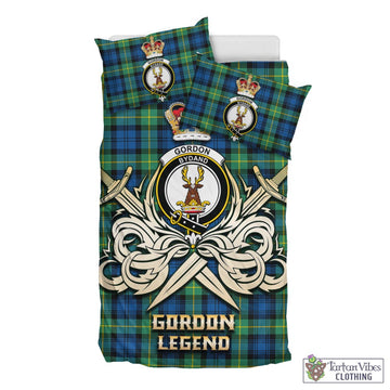 Gordon Ancient Tartan Bedding Set with Clan Crest and the Golden Sword of Courageous Legacy