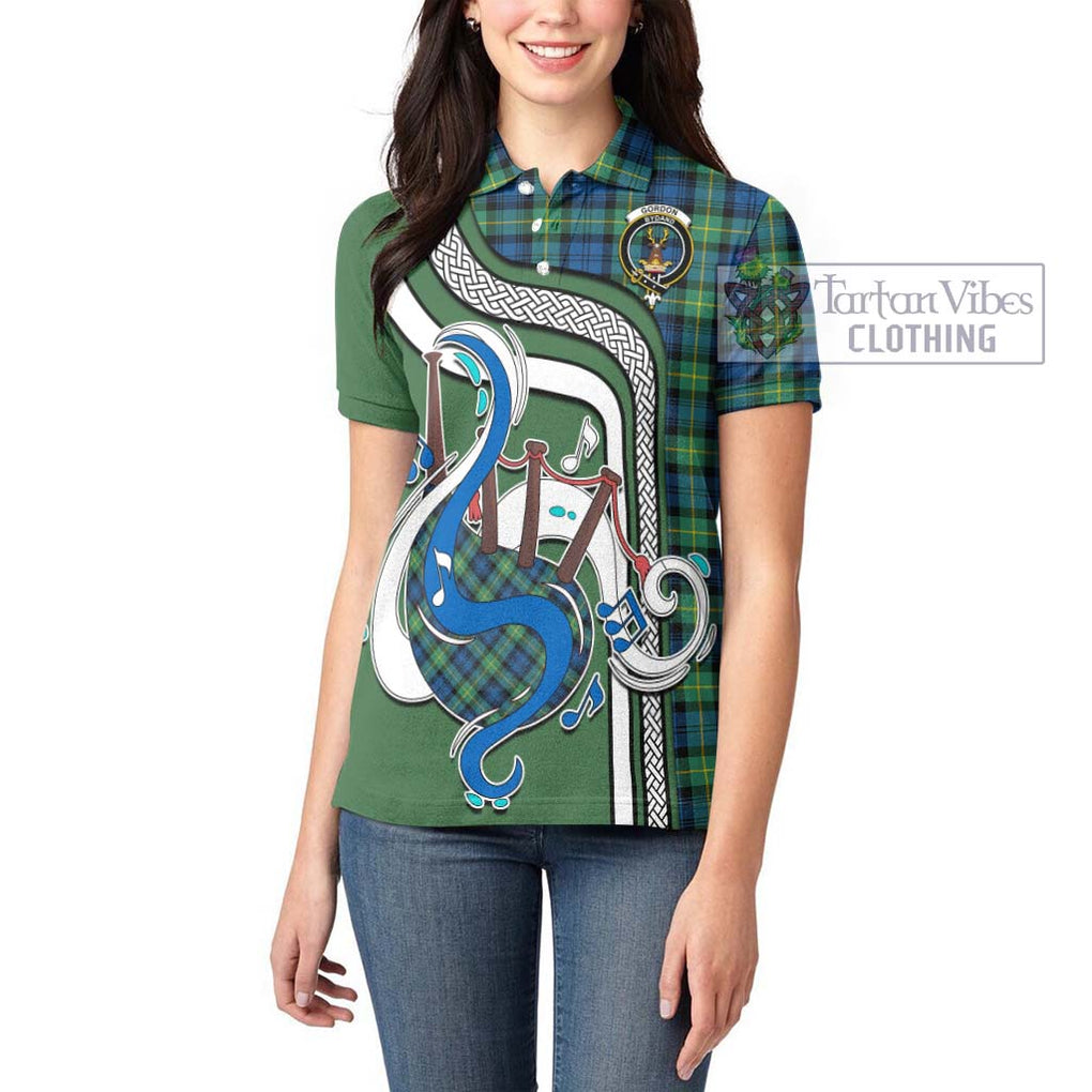 Gordon Ancient Tartan Women's Polo Shirt with Epic Bagpipe Style - Tartanvibesclothing Shop