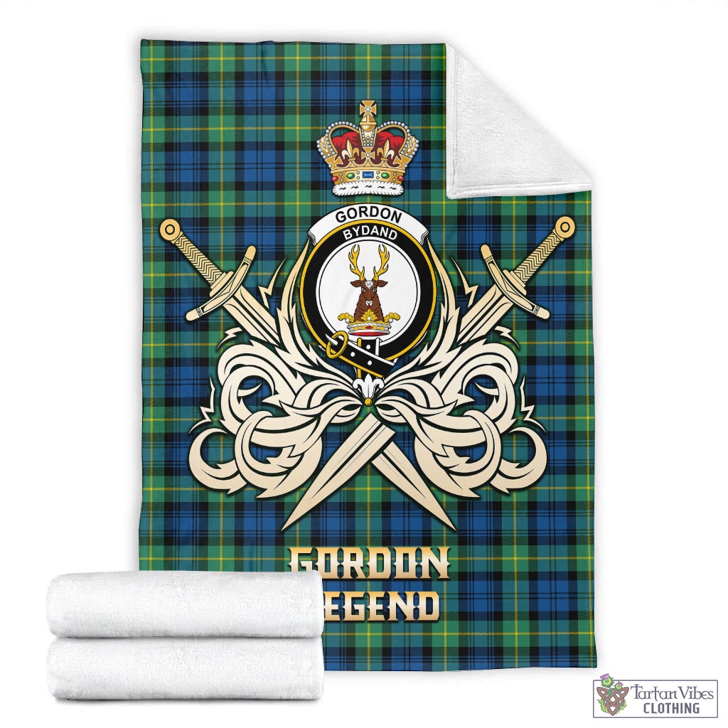 Tartan Vibes Clothing Gordon Ancient Tartan Blanket with Clan Crest and the Golden Sword of Courageous Legacy