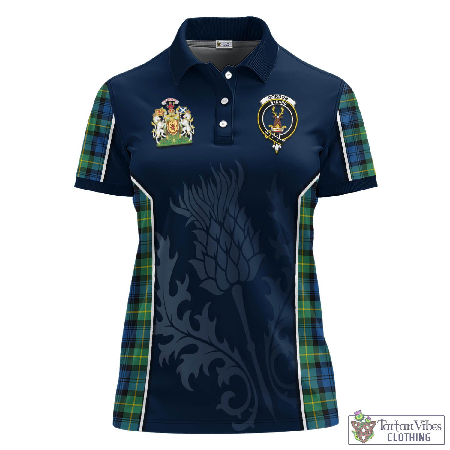 Tartan Vibes Clothing Gordon Ancient Tartan Women's Polo Shirt with Family Crest and Scottish Thistle Vibes Sport Style