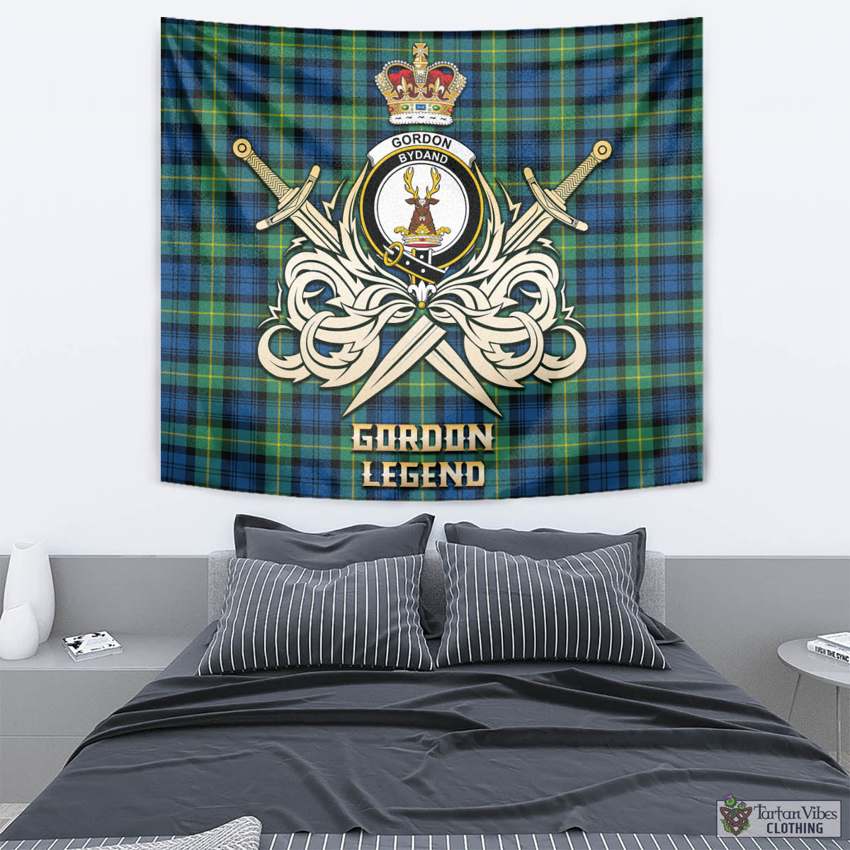 Tartan Vibes Clothing Gordon Ancient Tartan Tapestry with Clan Crest and the Golden Sword of Courageous Legacy