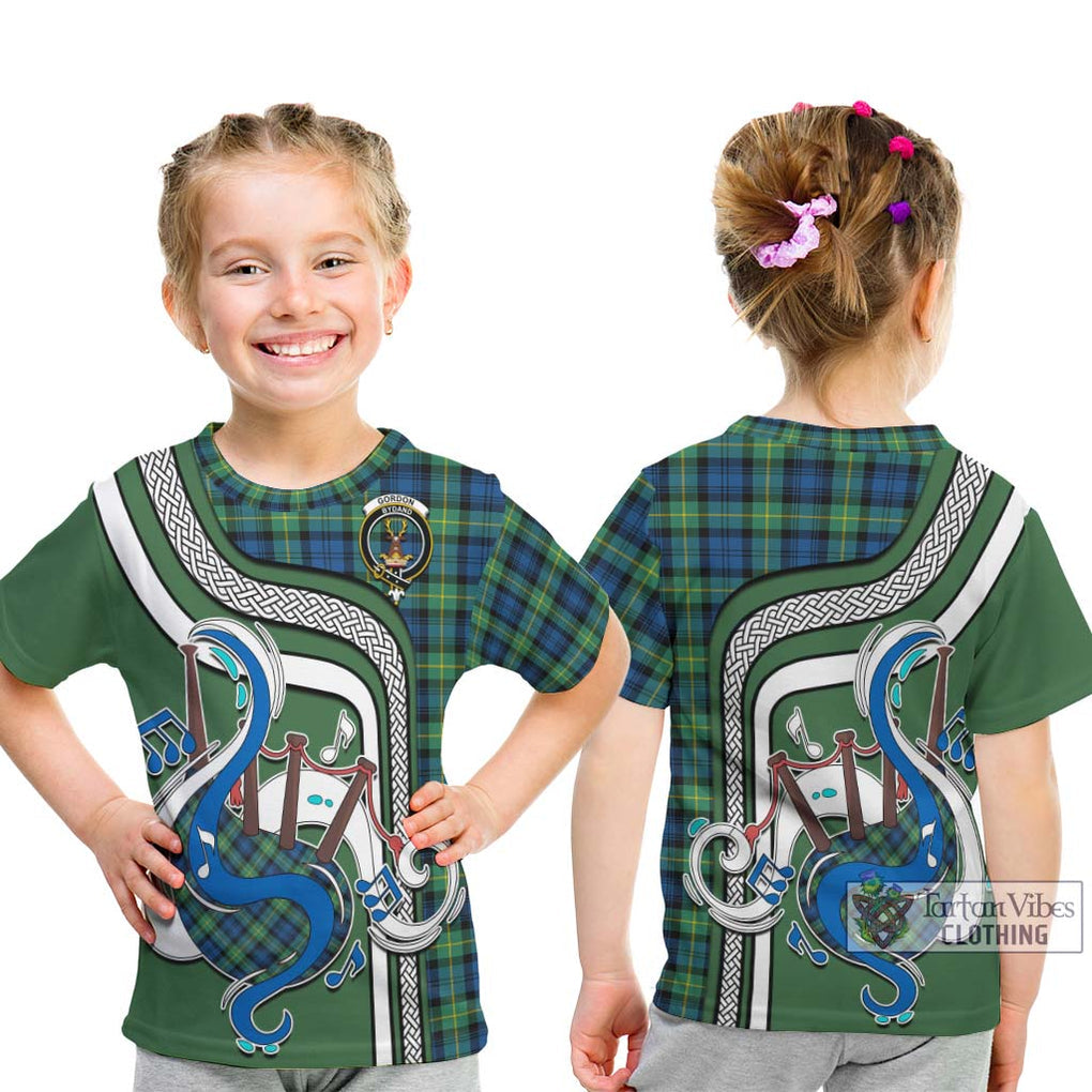 Tartan Vibes Clothing Gordon Ancient Tartan Kid T-Shirt with Epic Bagpipe Style