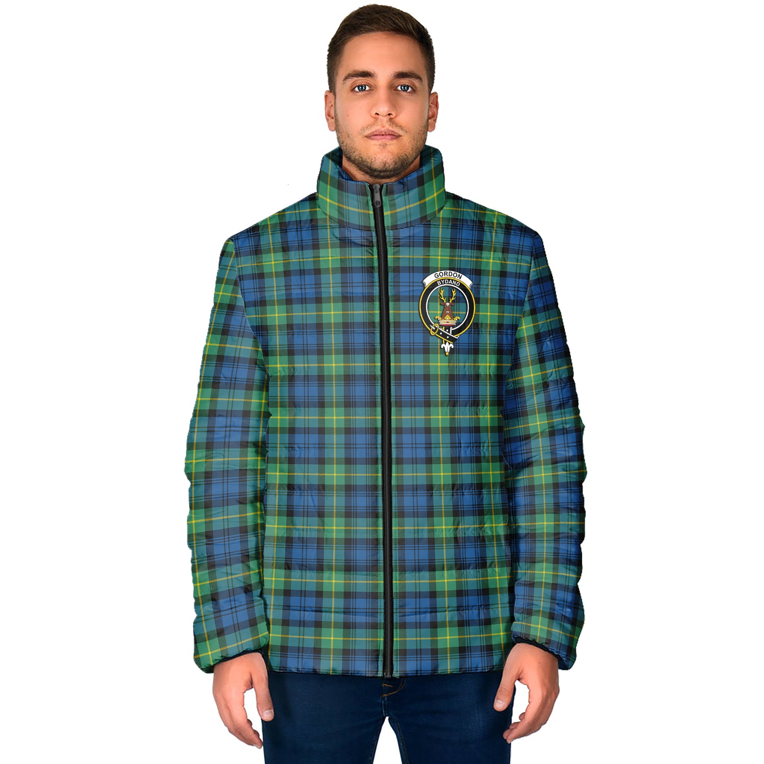 Gordon Ancient Tartan Padded Jacket with Family Crest - Tartan Vibes Clothing