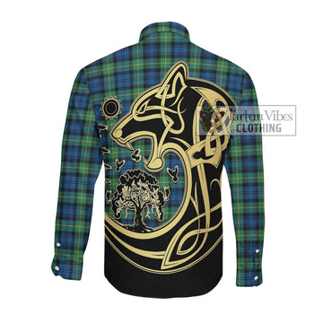 Gordon Ancient Tartan Long Sleeve Button Shirt with Family Crest Celtic Wolf Style