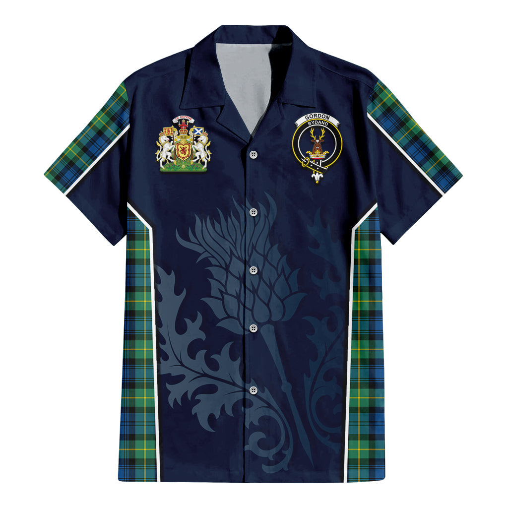 Tartan Vibes Clothing Gordon Ancient Tartan Short Sleeve Button Up Shirt with Family Crest and Scottish Thistle Vibes Sport Style