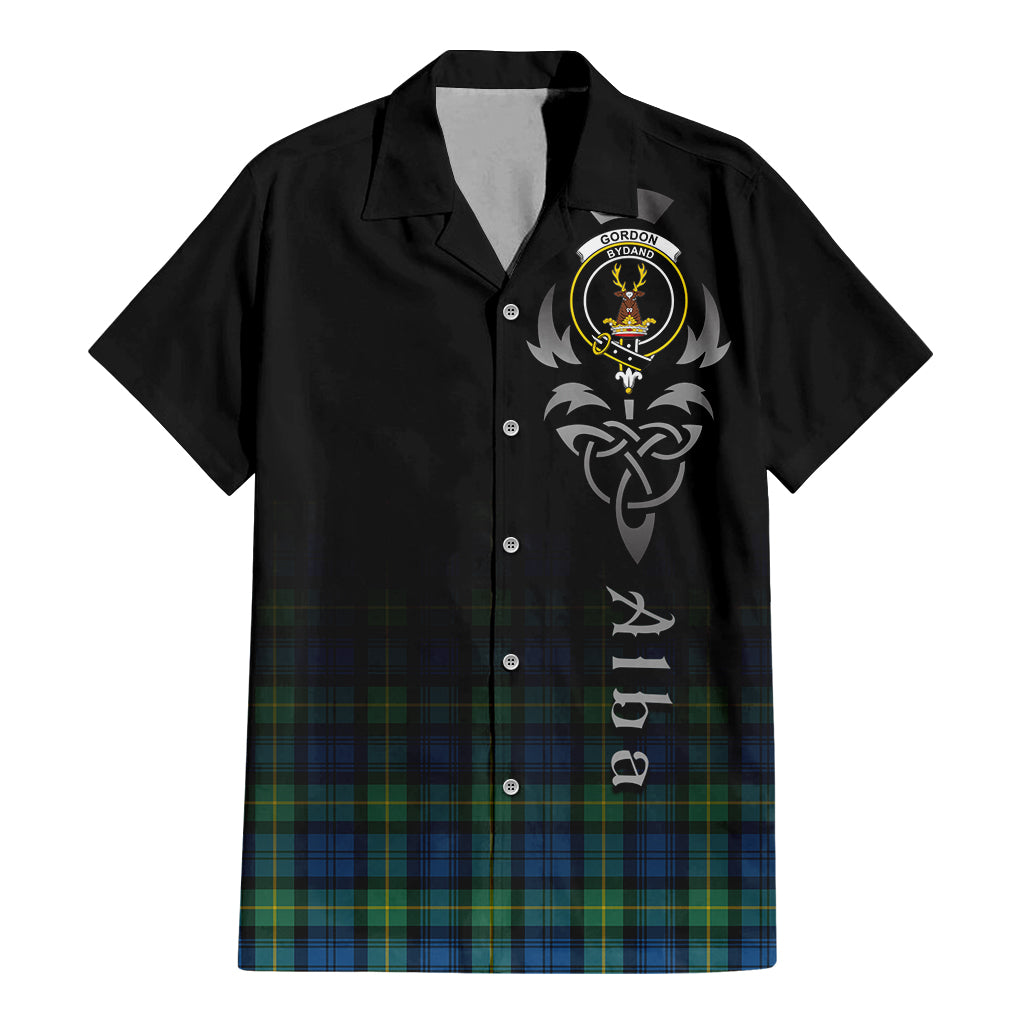 Tartan Vibes Clothing Gordon Ancient Tartan Short Sleeve Button Up Featuring Alba Gu Brath Family Crest Celtic Inspired