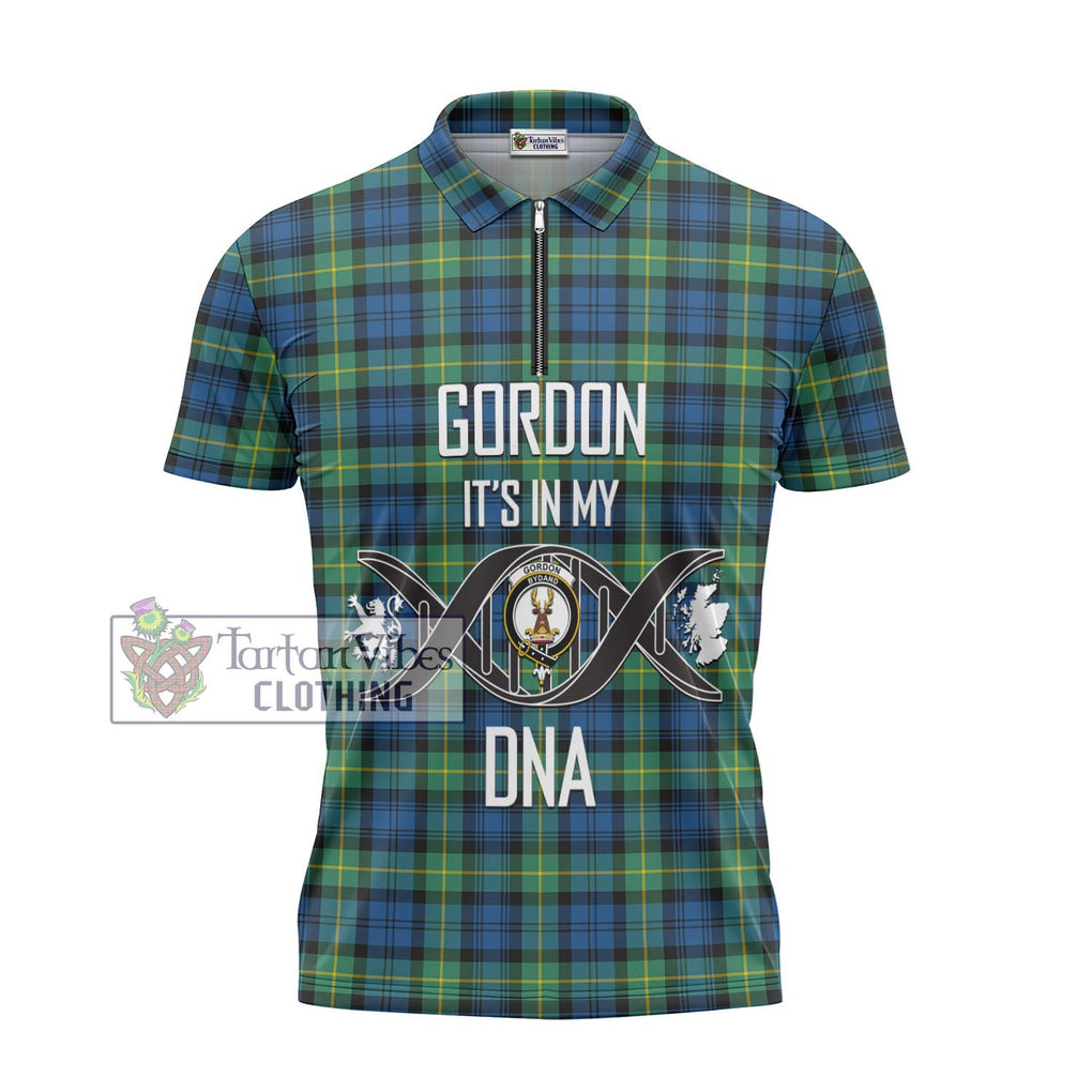 Gordon Ancient Tartan Zipper Polo Shirt with Family Crest DNA In Me Style - Tartanvibesclothing Shop