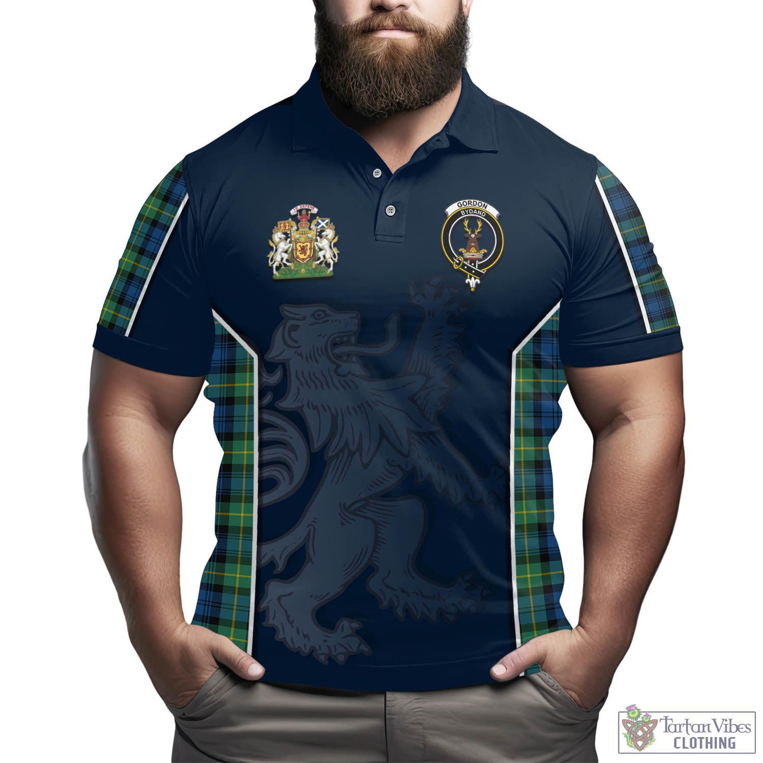 Tartan Vibes Clothing Gordon Ancient Tartan Men's Polo Shirt with Family Crest and Lion Rampant Vibes Sport Style