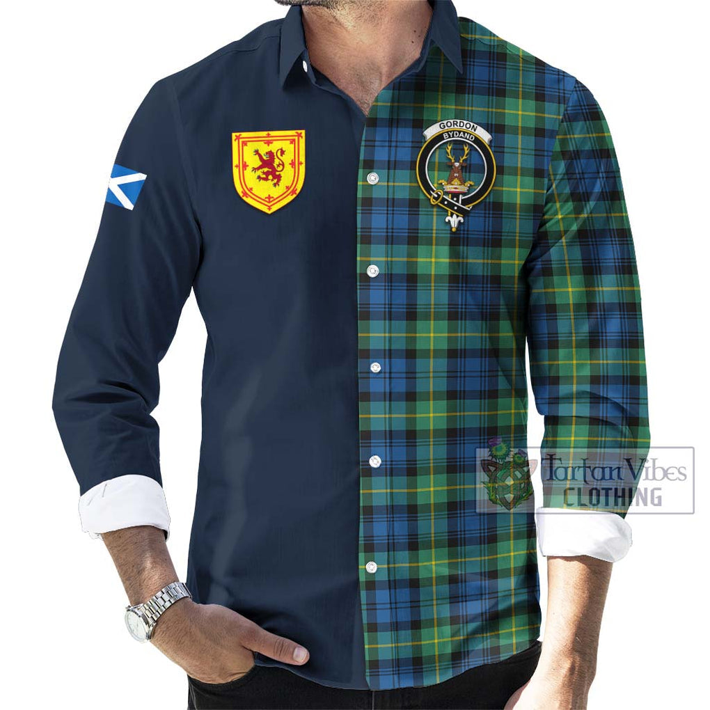 Tartan Vibes Clothing Gordon Ancient Tartan Long Sleeve Button Shirt with Scottish Lion Royal Arm Half Style