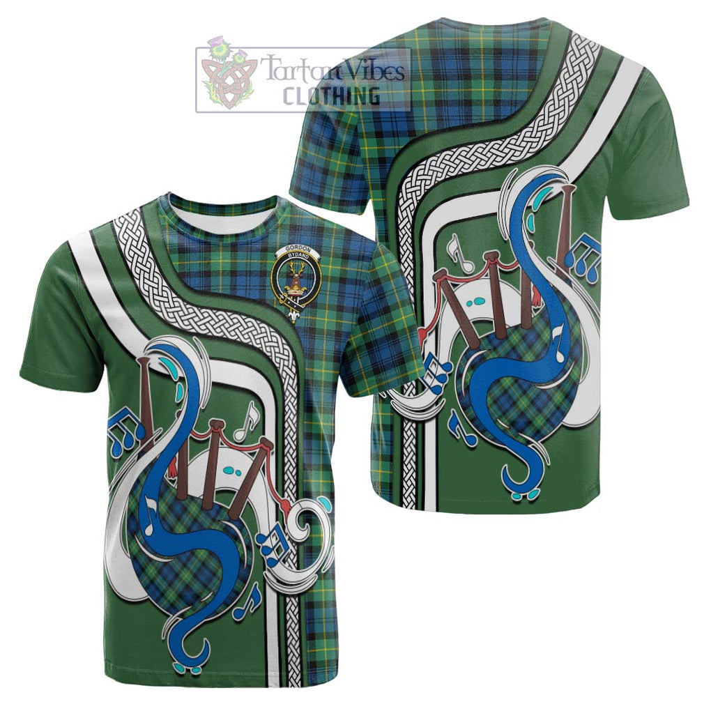 Tartan Vibes Clothing Gordon Ancient Tartan Cotton T-shirt with Epic Bagpipe Style