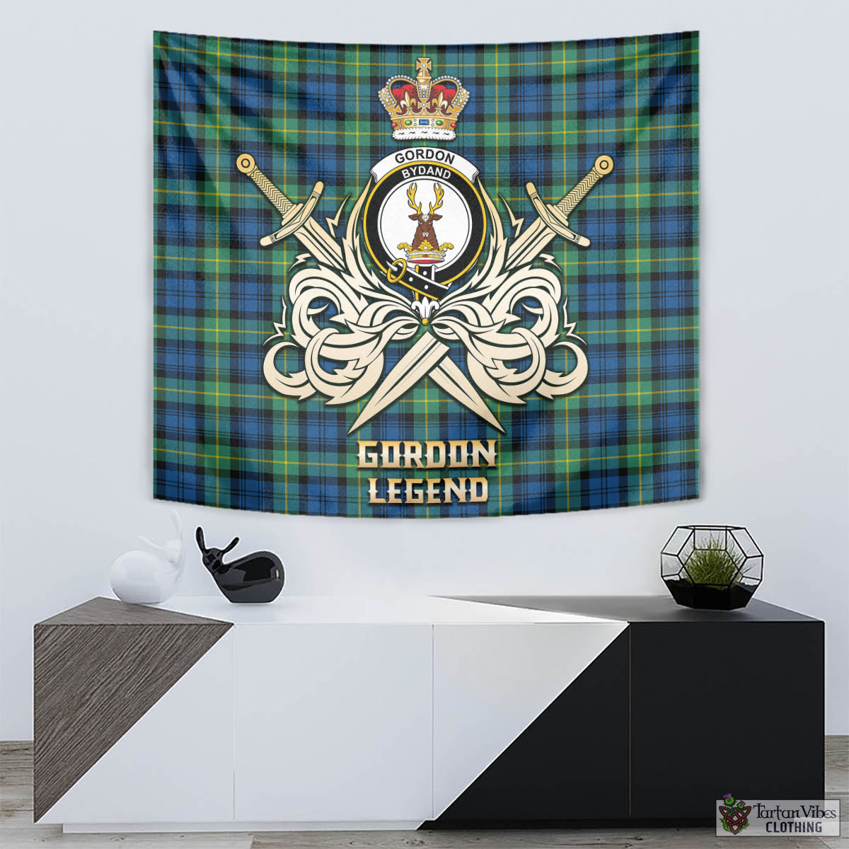 Tartan Vibes Clothing Gordon Ancient Tartan Tapestry with Clan Crest and the Golden Sword of Courageous Legacy