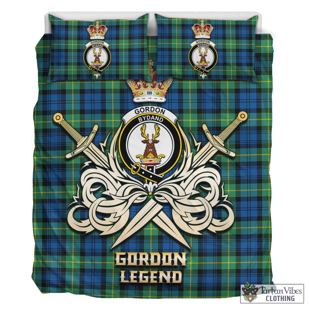 Tartan Vibes Clothing Gordon Ancient Tartan Bedding Set with Clan Crest and the Golden Sword of Courageous Legacy