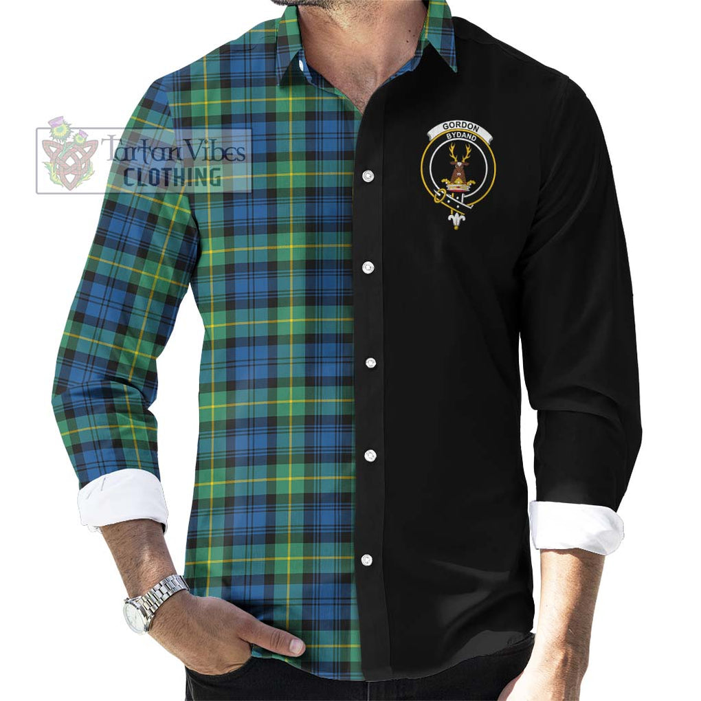 Gordon Ancient Tartan Long Sleeve Button Shirt with Family Crest and Half Of Me Style - Tartanvibesclothing Shop