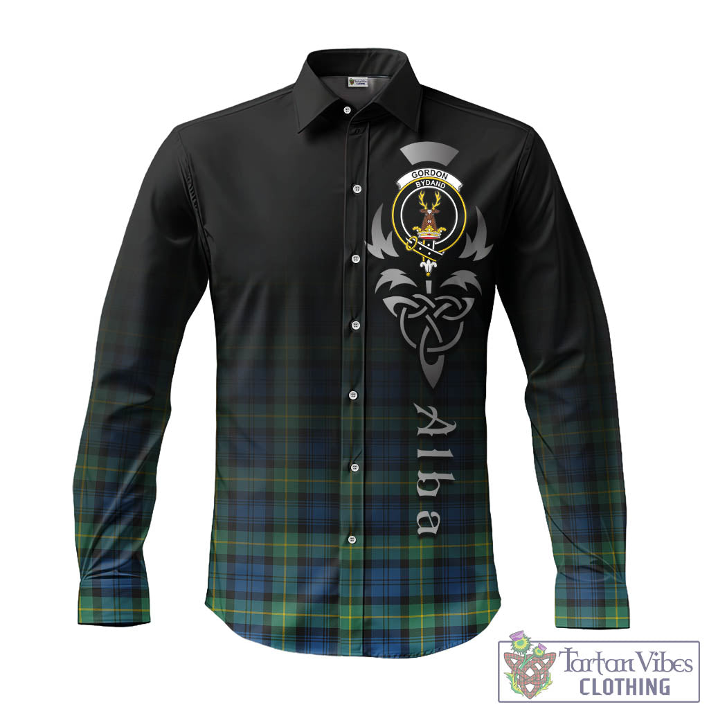 Tartan Vibes Clothing Gordon Ancient Tartan Long Sleeve Button Up Featuring Alba Gu Brath Family Crest Celtic Inspired