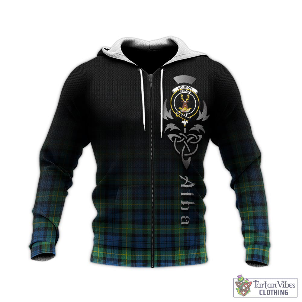 Tartan Vibes Clothing Gordon Ancient Tartan Knitted Hoodie Featuring Alba Gu Brath Family Crest Celtic Inspired