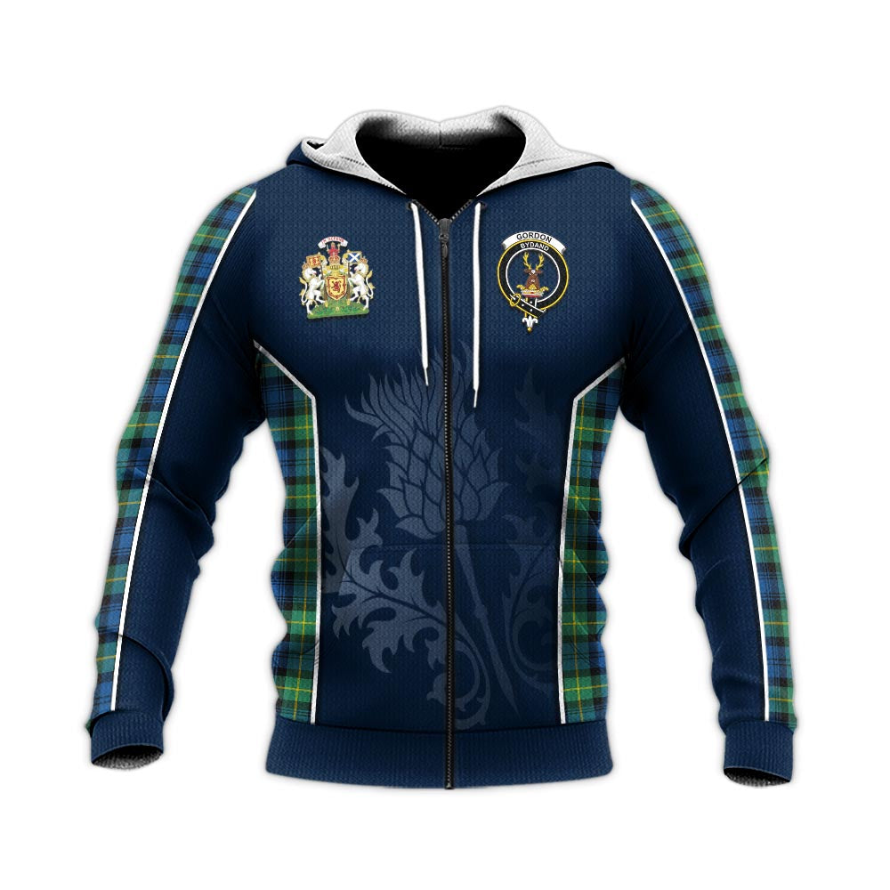 Tartan Vibes Clothing Gordon Ancient Tartan Knitted Hoodie with Family Crest and Scottish Thistle Vibes Sport Style