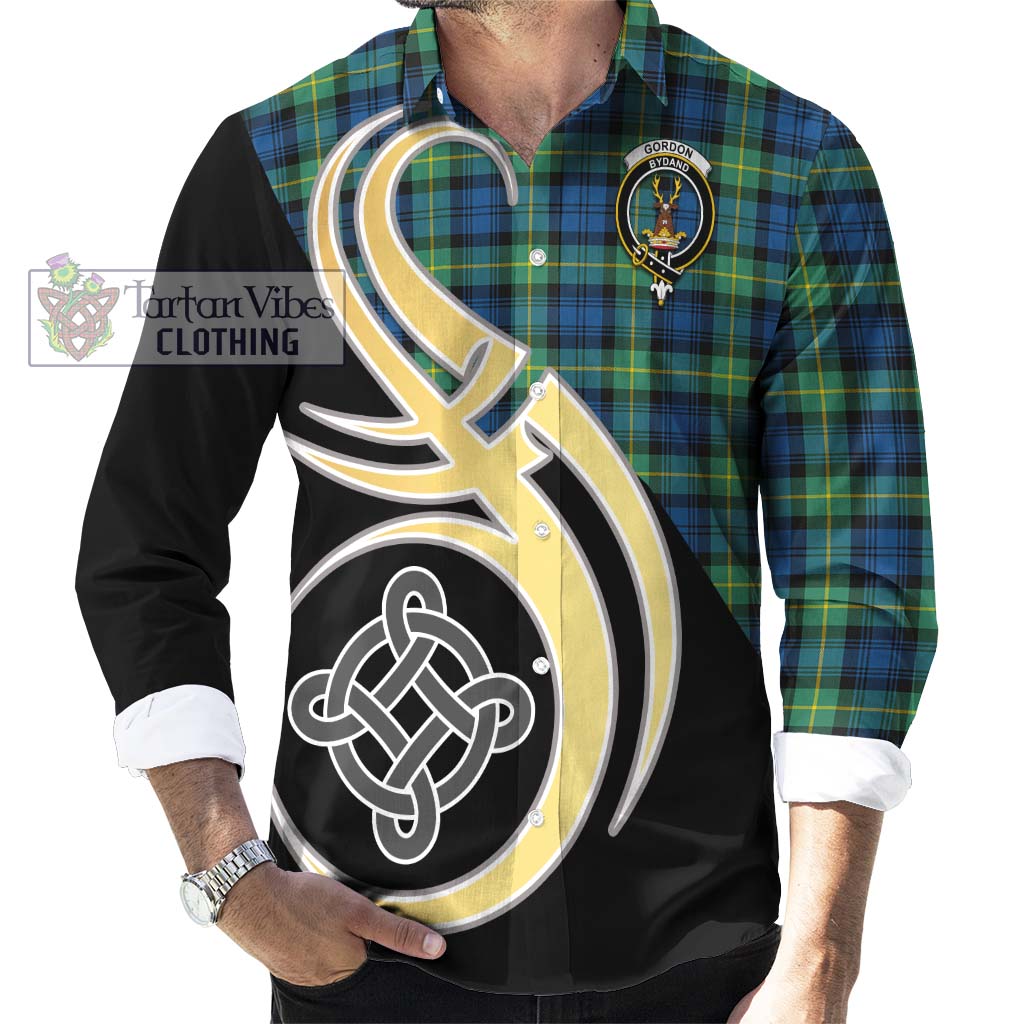 Gordon Ancient Tartan Long Sleeve Button Shirt with Family Crest and Celtic Symbol Style - Tartan Vibes Clothing