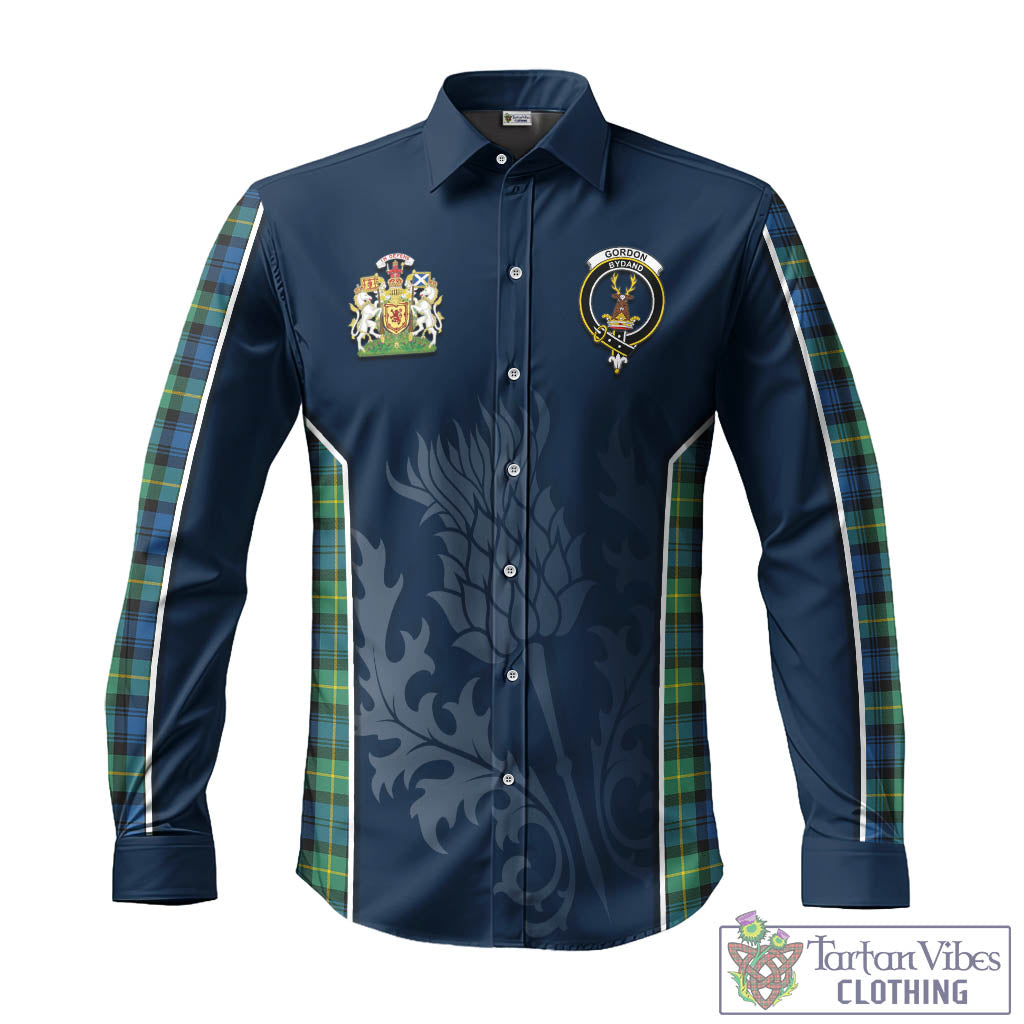 Tartan Vibes Clothing Gordon Ancient Tartan Long Sleeve Button Up Shirt with Family Crest and Scottish Thistle Vibes Sport Style