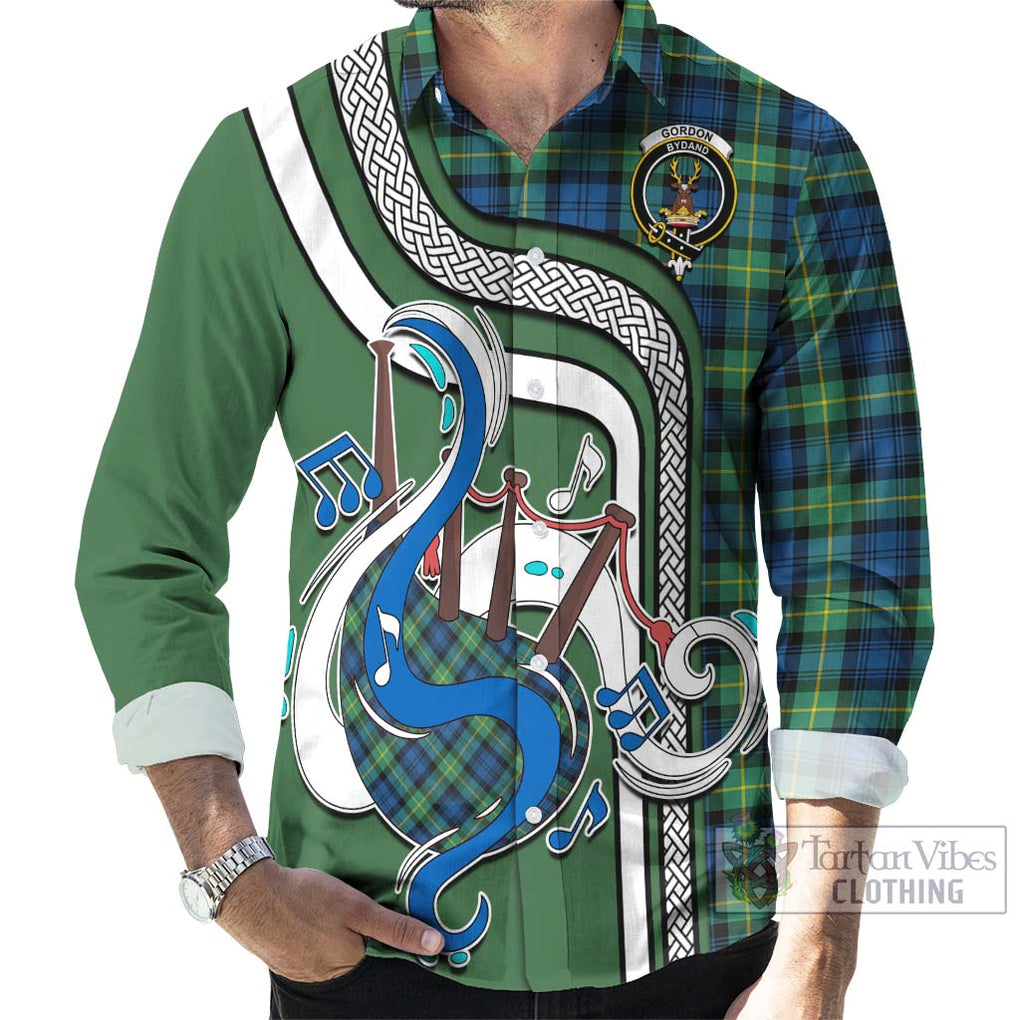 Gordon Ancient Tartan Long Sleeve Button Shirt with Epic Bagpipe Style - Tartanvibesclothing Shop