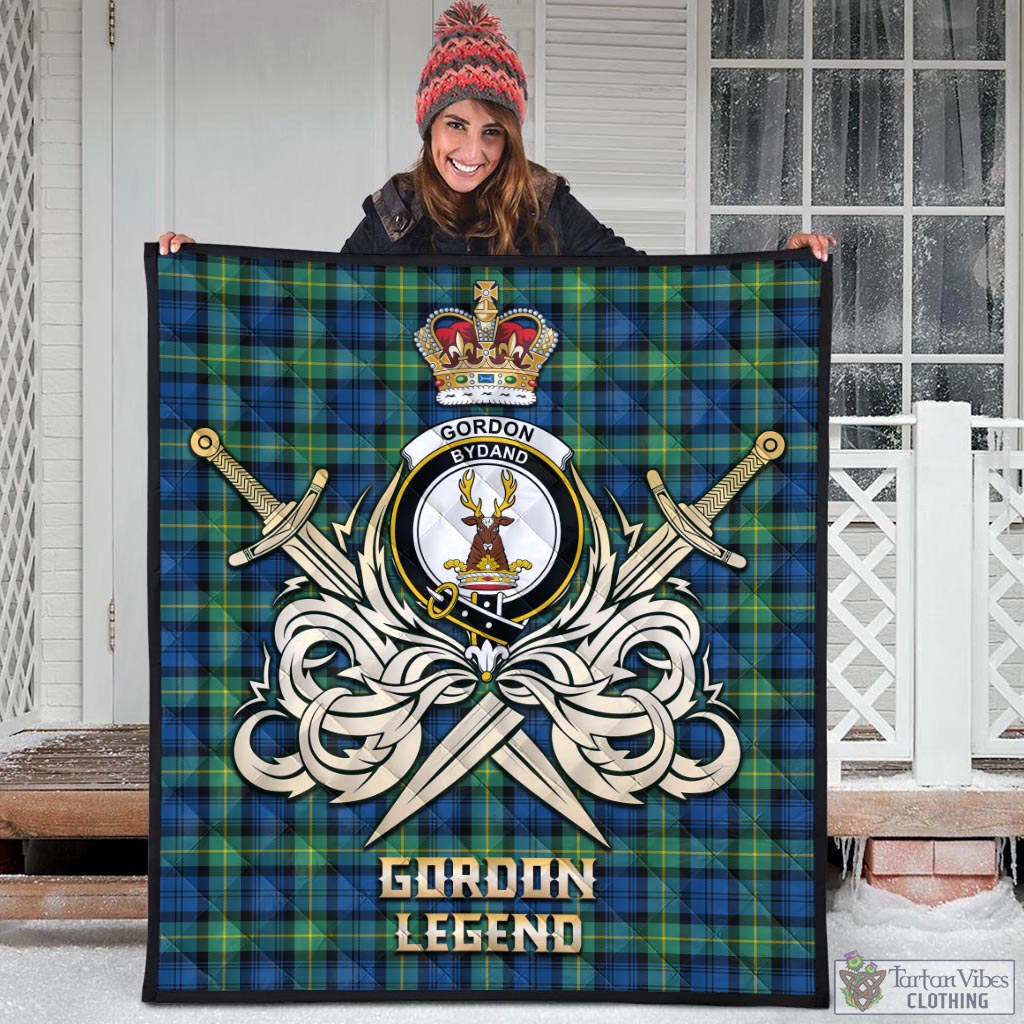 Tartan Vibes Clothing Gordon Ancient Tartan Quilt with Clan Crest and the Golden Sword of Courageous Legacy