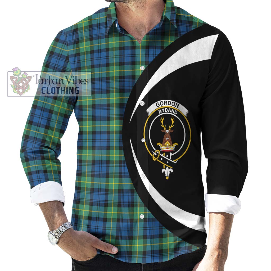 Gordon Ancient Tartan Long Sleeve Button Up with Family Crest Circle Style - Tartan Vibes Clothing