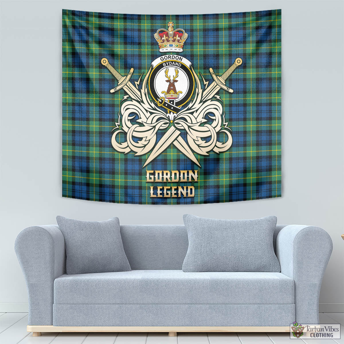 Tartan Vibes Clothing Gordon Ancient Tartan Tapestry with Clan Crest and the Golden Sword of Courageous Legacy