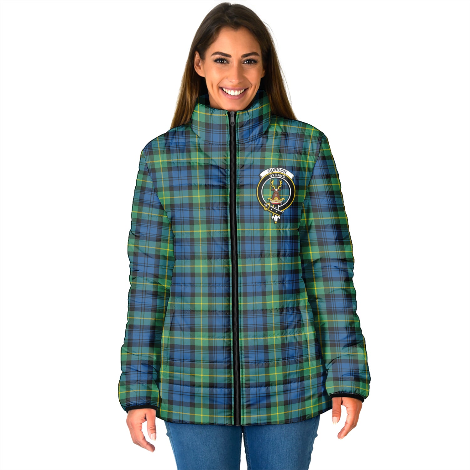 Gordon Ancient Tartan Padded Jacket with Family Crest - Tartan Vibes Clothing