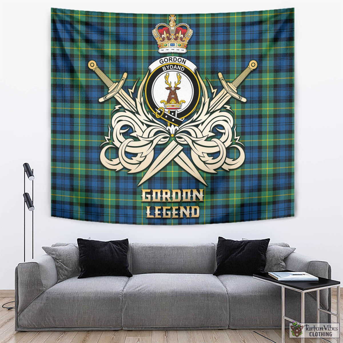 Tartan Vibes Clothing Gordon Ancient Tartan Tapestry with Clan Crest and the Golden Sword of Courageous Legacy