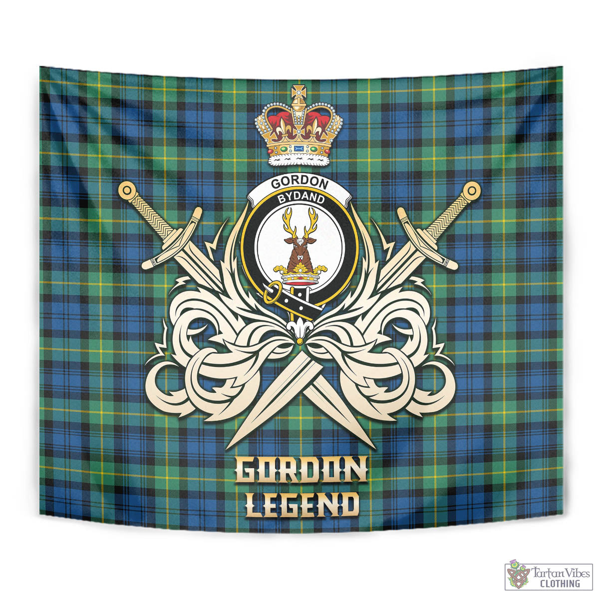 Tartan Vibes Clothing Gordon Ancient Tartan Tapestry with Clan Crest and the Golden Sword of Courageous Legacy