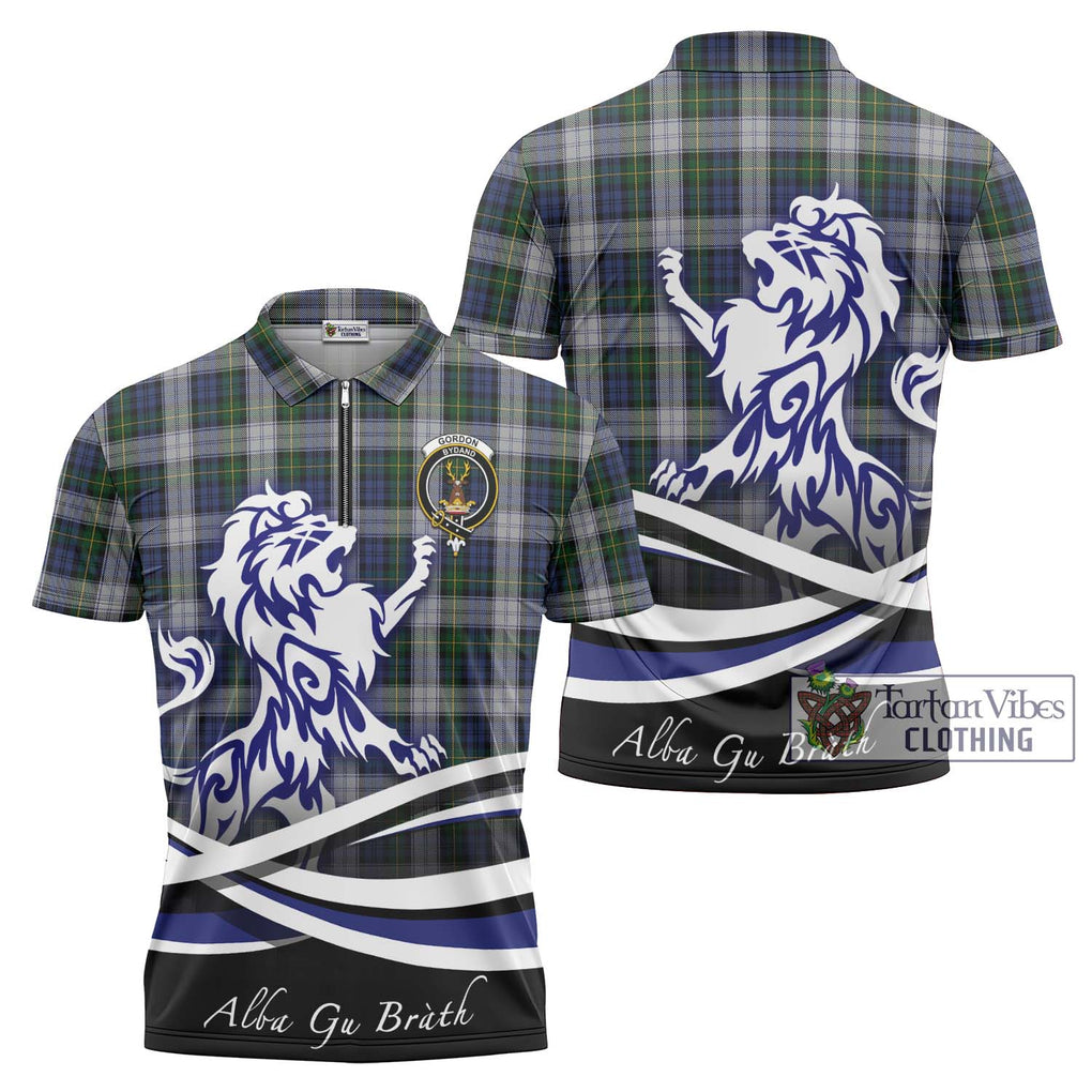 Gordon Dress Tartan Zipper Polo Shirt with Alba Gu Brath Regal Lion Emblem Unisex - Tartanvibesclothing Shop