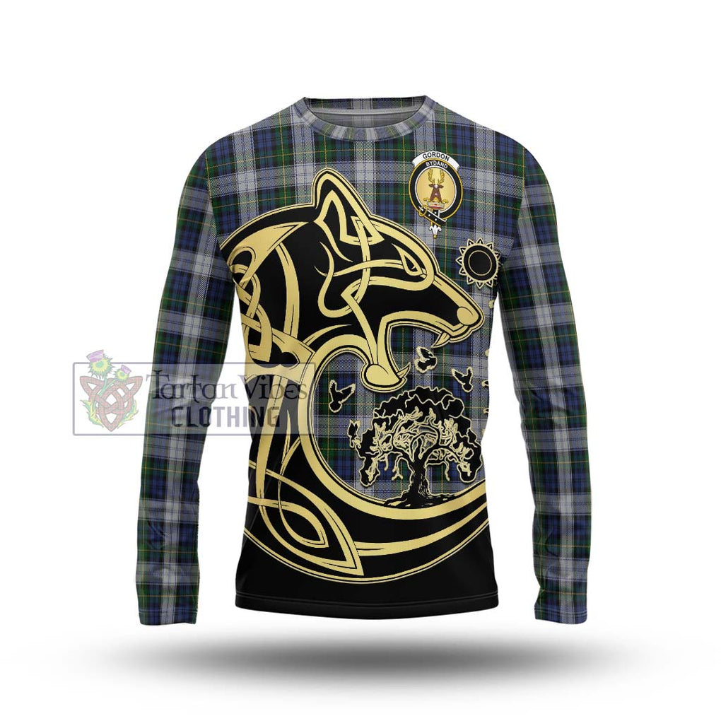 Gordon Dress Tartan Long Sleeve T-Shirt with Family Crest Celtic Wolf Style Unisex - Tartan Vibes Clothing