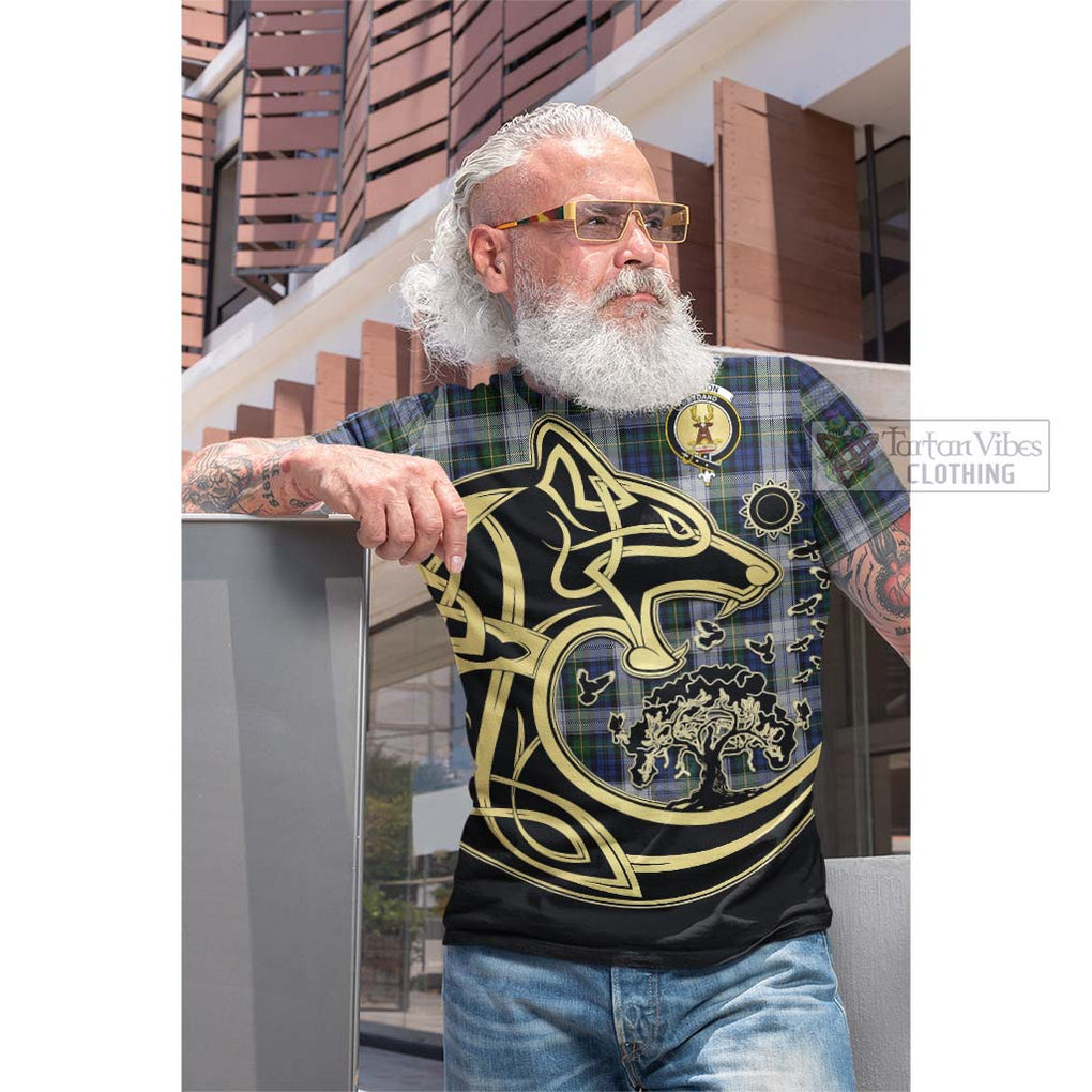 Tartan Vibes Clothing Gordon Dress Tartan Cotton T-shirt with Family Crest Celtic Wolf Style